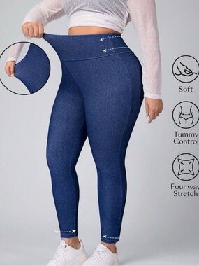 High-Waist Blue Women’s Stretch Jeans Leggings - Plus Size